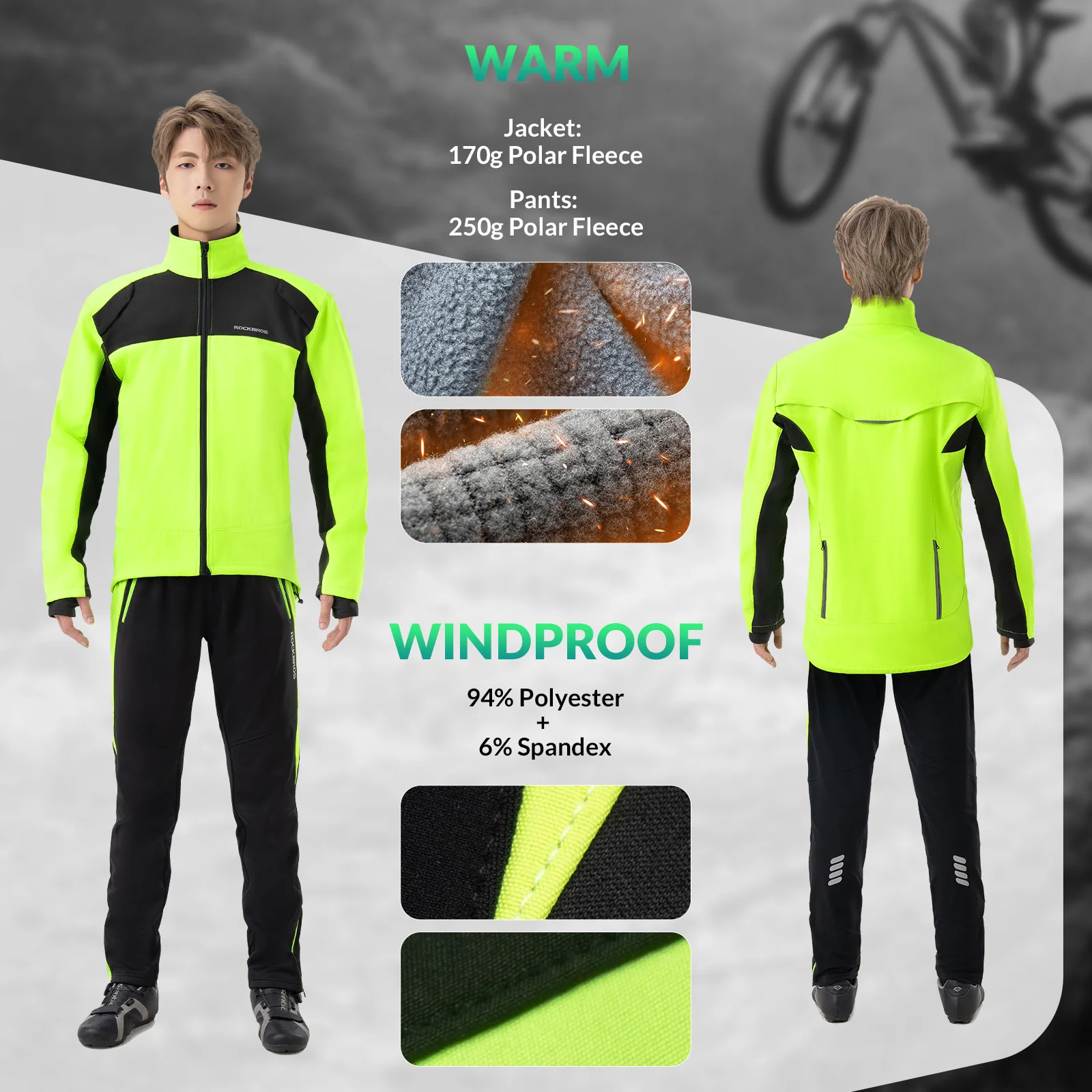 Cycling Jacket Pants Winter Suit Fluorescent Green - Image 4
