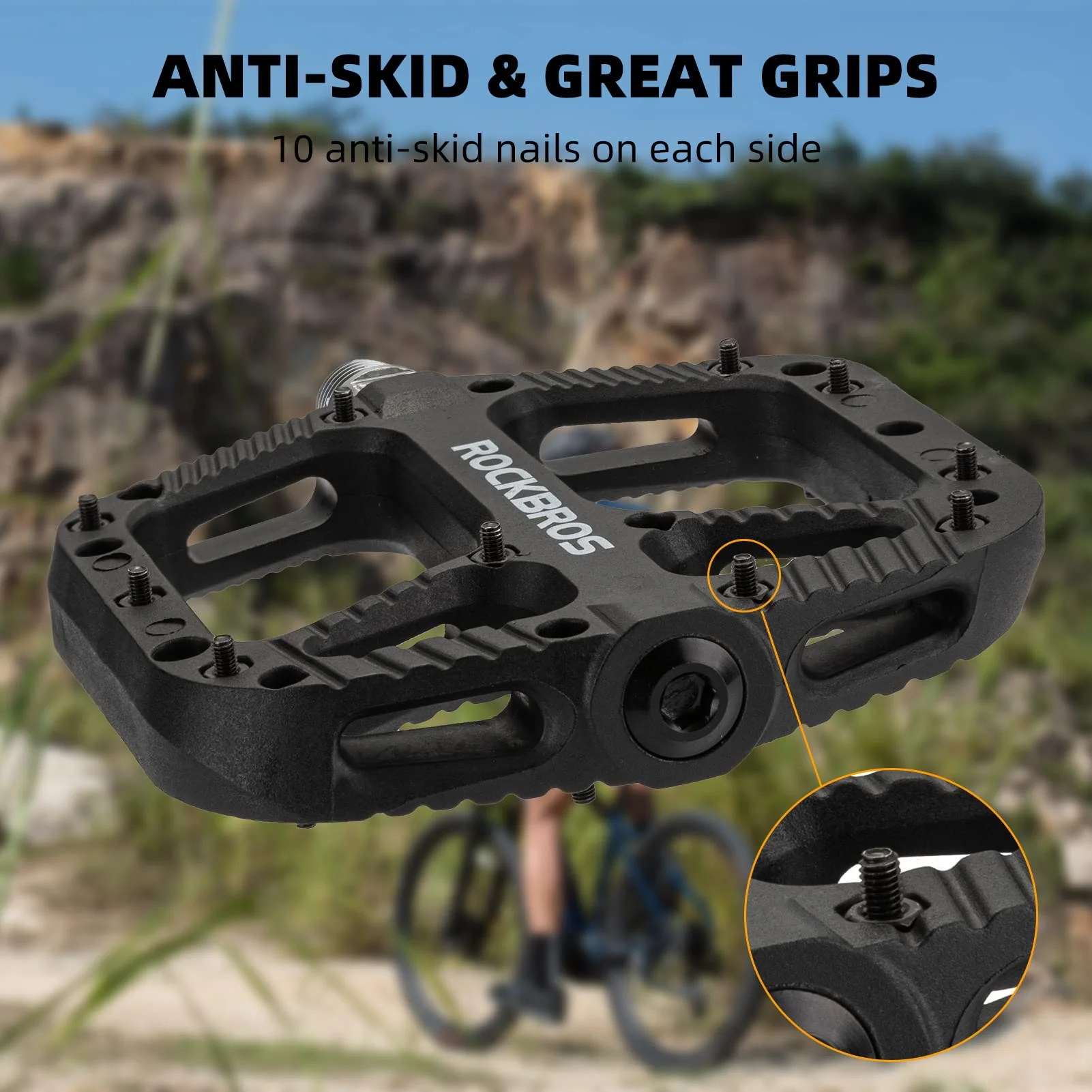 ROCKBROS Mountain Bike Pedals Nylon Composite Bearing 9/16" MTB Bicycle Pedals with Wide Flat Platform - Image 18