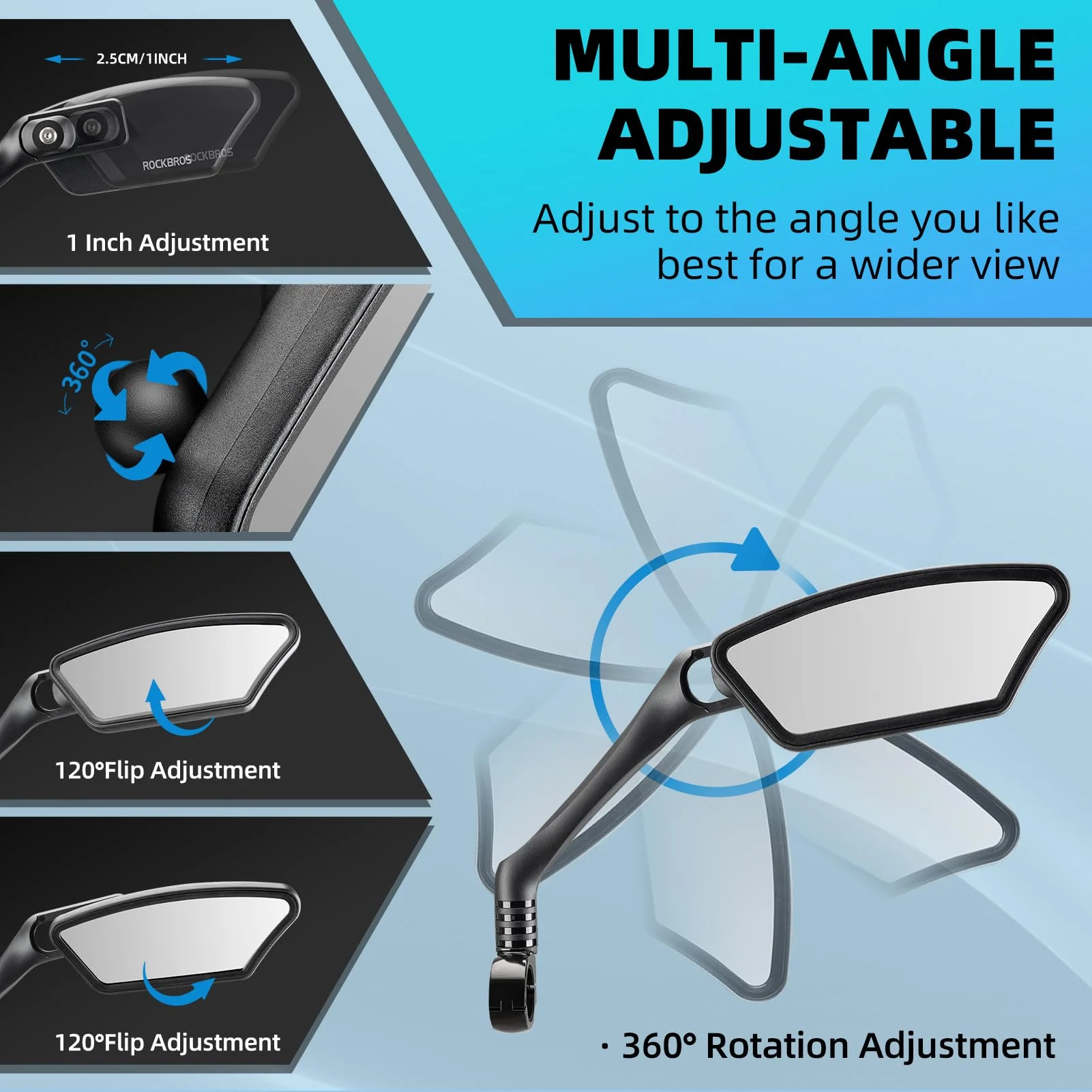 ROCKBROS HD Blast-Resistant Bike Mirror Adjustable Handlebar Mount 21-26mm - Image 4