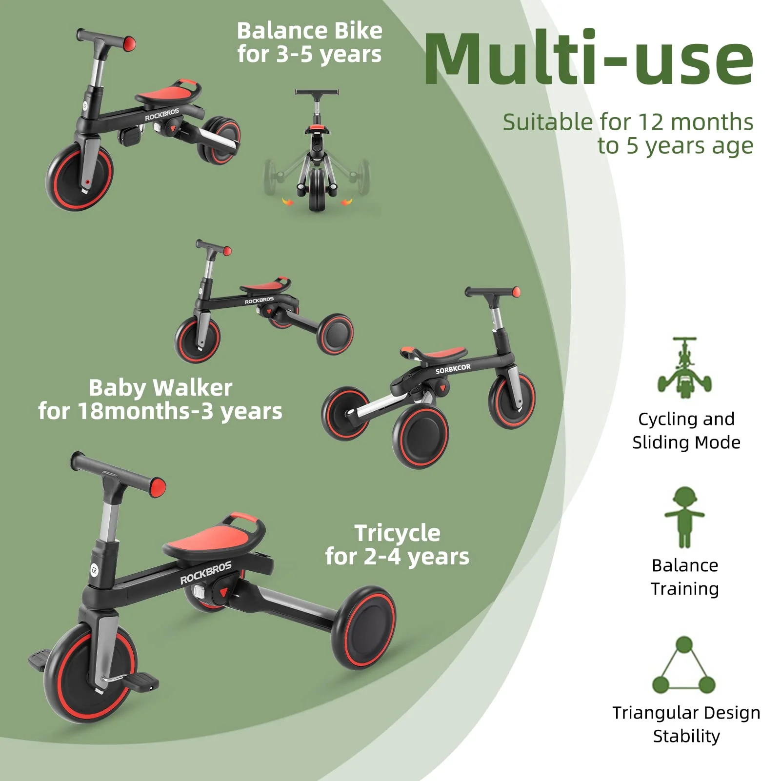 Kids 3 in 1 Tricycle Adjustable Seat Removable Pedals Toddler Ride On Bike - Image 4