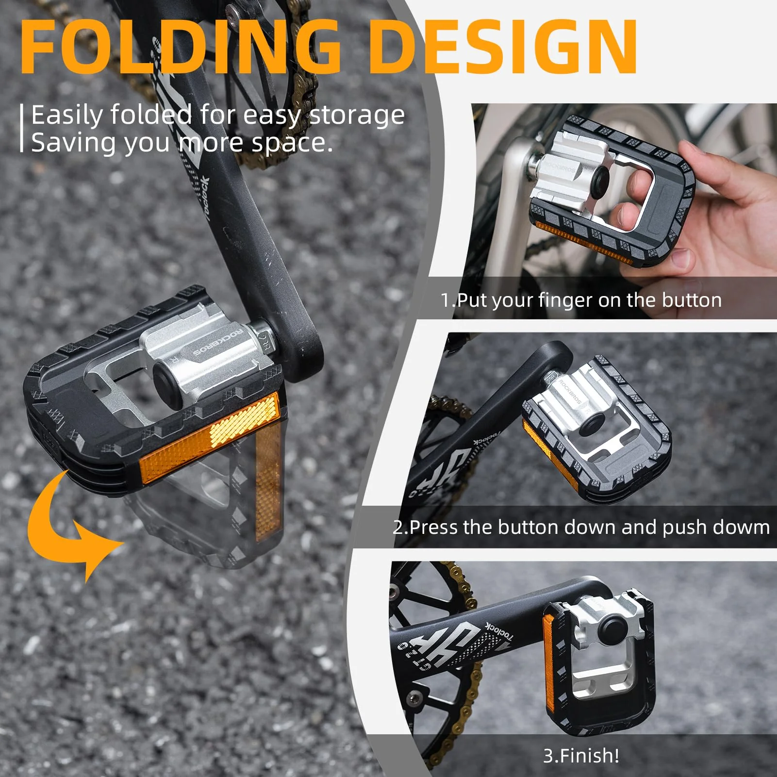 ROCKBROS Aluminum Alloy Foldable Bike Pedals 9/16 with Lightweight Reflective Strips Non-Slip - Image 3