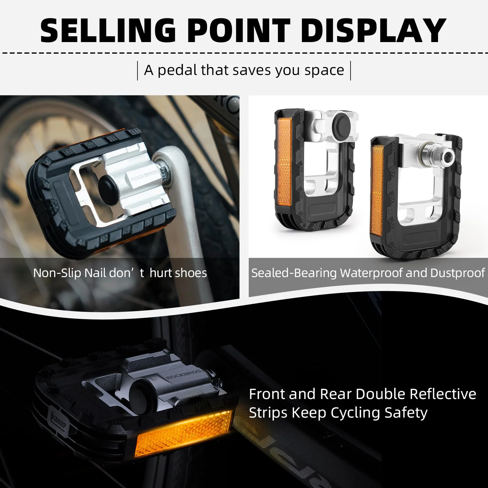 ROCKBROS Aluminum Alloy Foldable Bike Pedals 9/16 with Lightweight Reflective Strips Non-Slip - Image 4