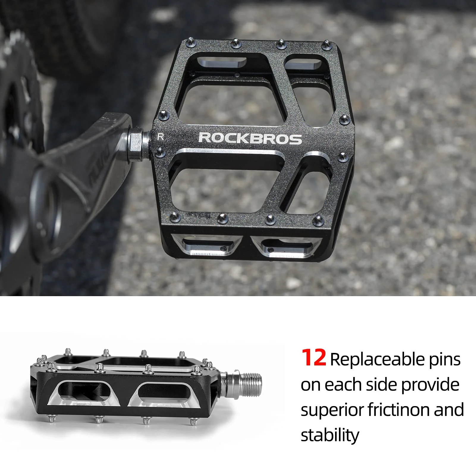 ROCKBROS Aluminum Wide Platform Mountain Bike Pedals with Grippy Pins - Image 5
