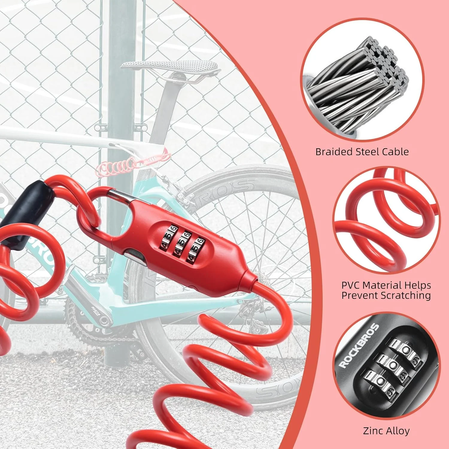 ROCKBROS Bike Lock Cable Combination Bicycle Lock - 6FT Long, Portable, Anti-Theft - Image 3