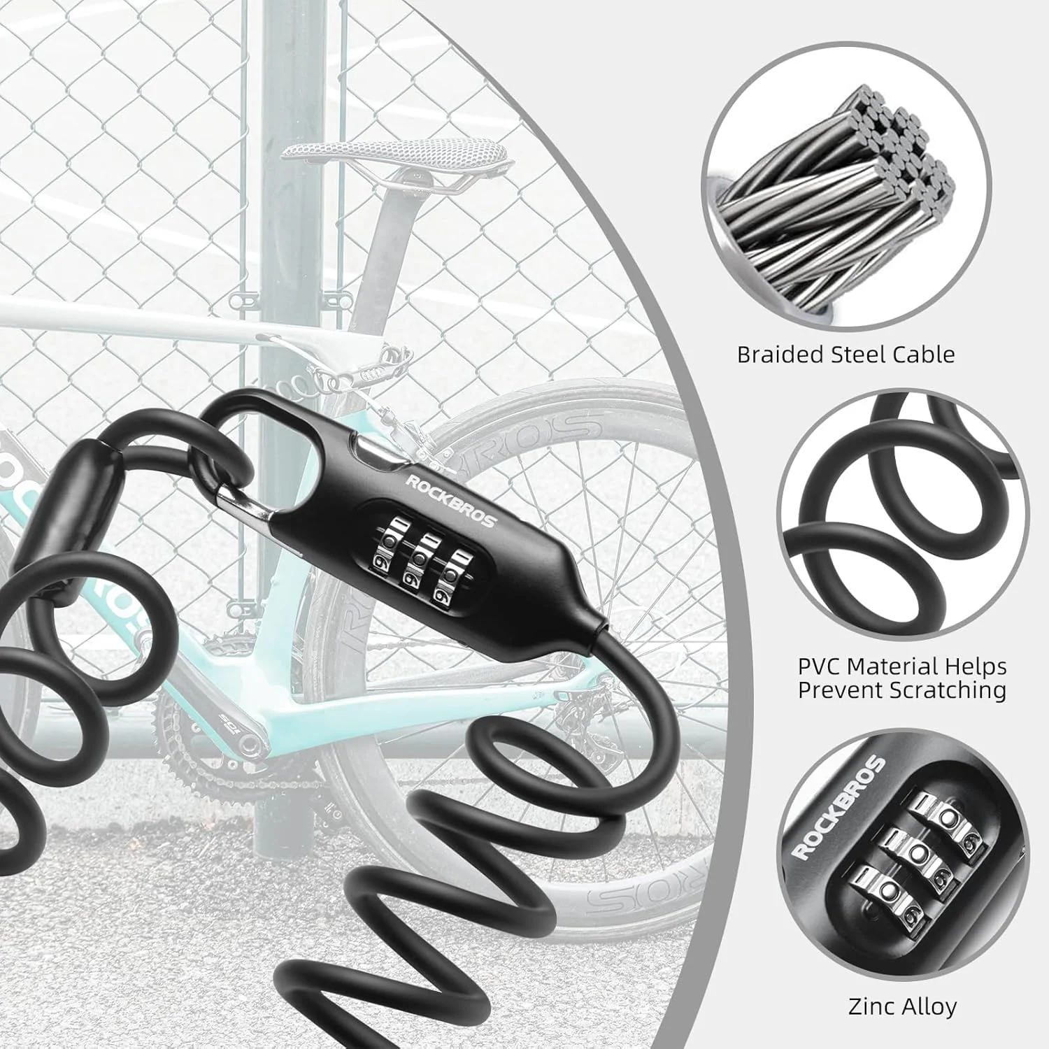 ROCKBROS Bike Lock Cable Combination Bicycle Lock - 6FT Long, Portable, Anti-Theft - Image 9