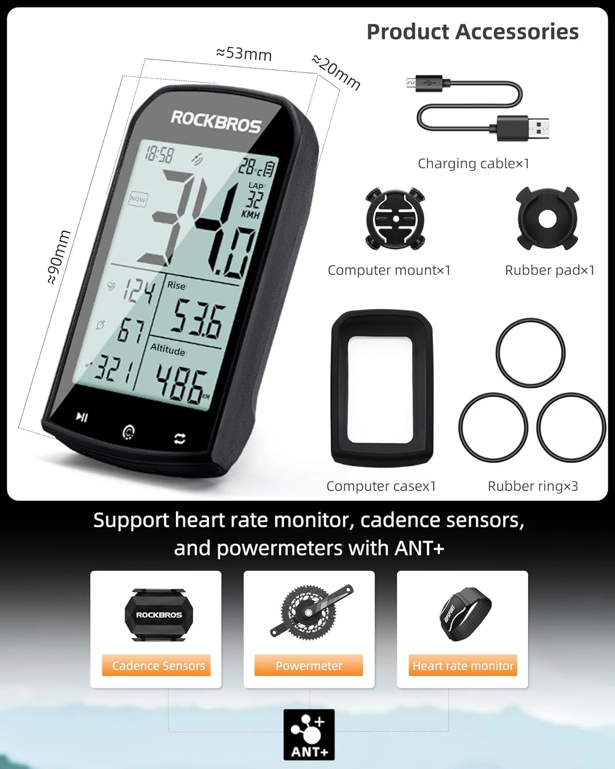 ROCKBROS M1 Wireless Bike Computer GPS 2.9-inch LCD Waterproof Fast Charging - Image 3