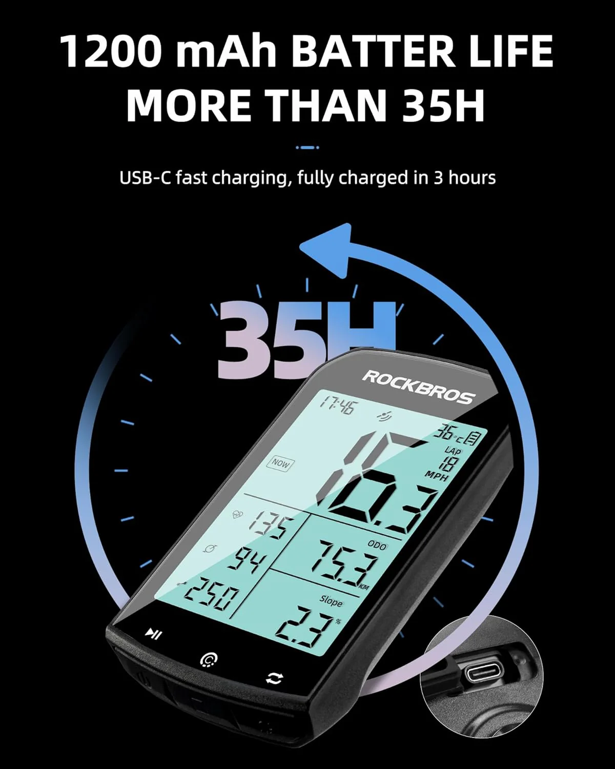 ROCKBROS M1 Wireless Bike Computer GPS 2.9-inch LCD Waterproof Fast Charging - Image 5